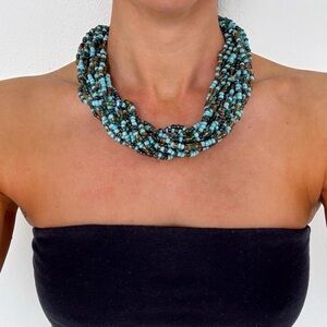 Vintage Statement Multi-Strand Turquoise Blue Beaded Necklace